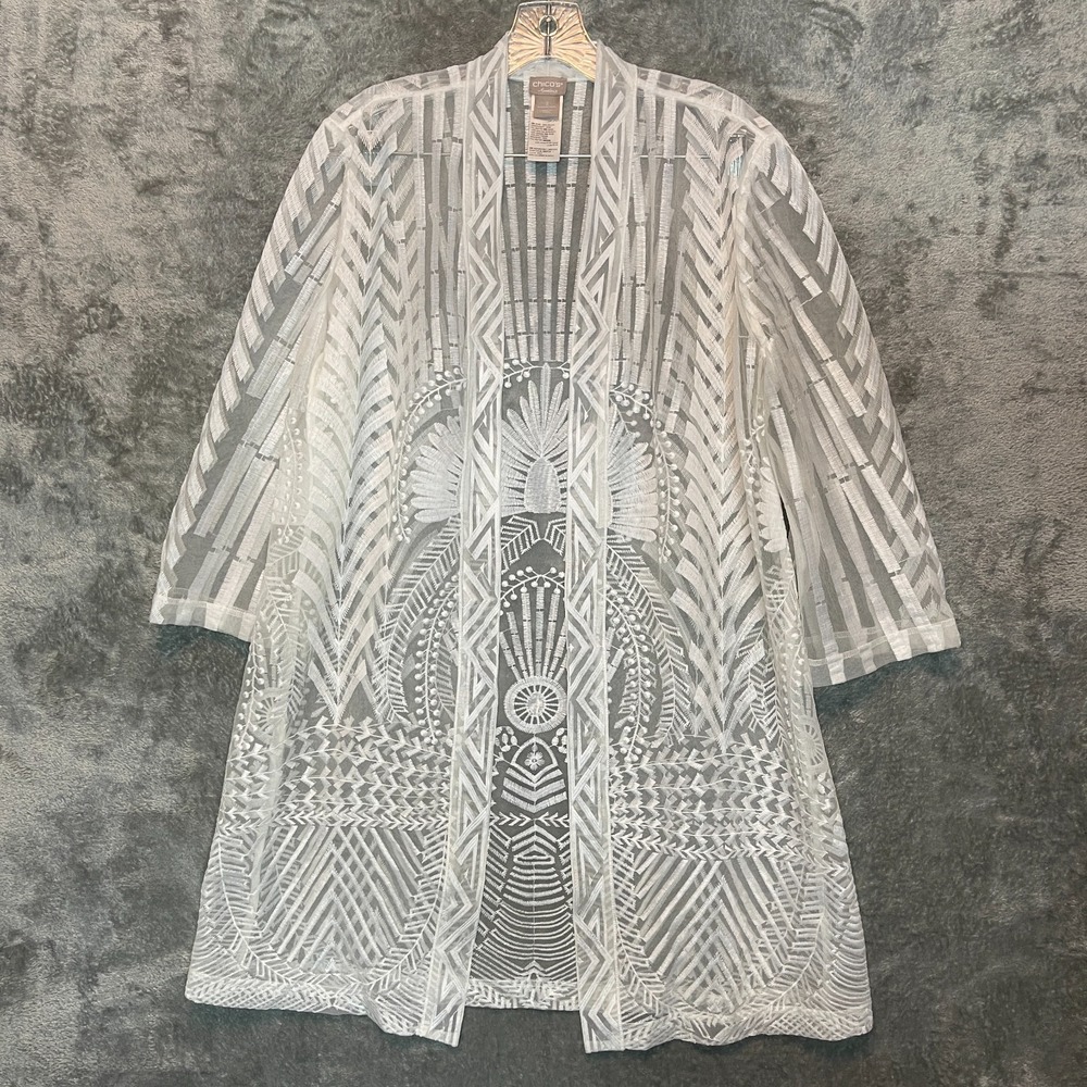 Chicos Women Sheer Embroidered Kimono Duster 2-12 Boho Coastal Applique Traveler - Picture 2 of 10